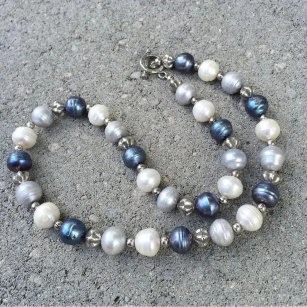 Bold Pearl Necklace - Ringed Pearl Necklace - Hill Tribe Silver - 11.5mm Pearls